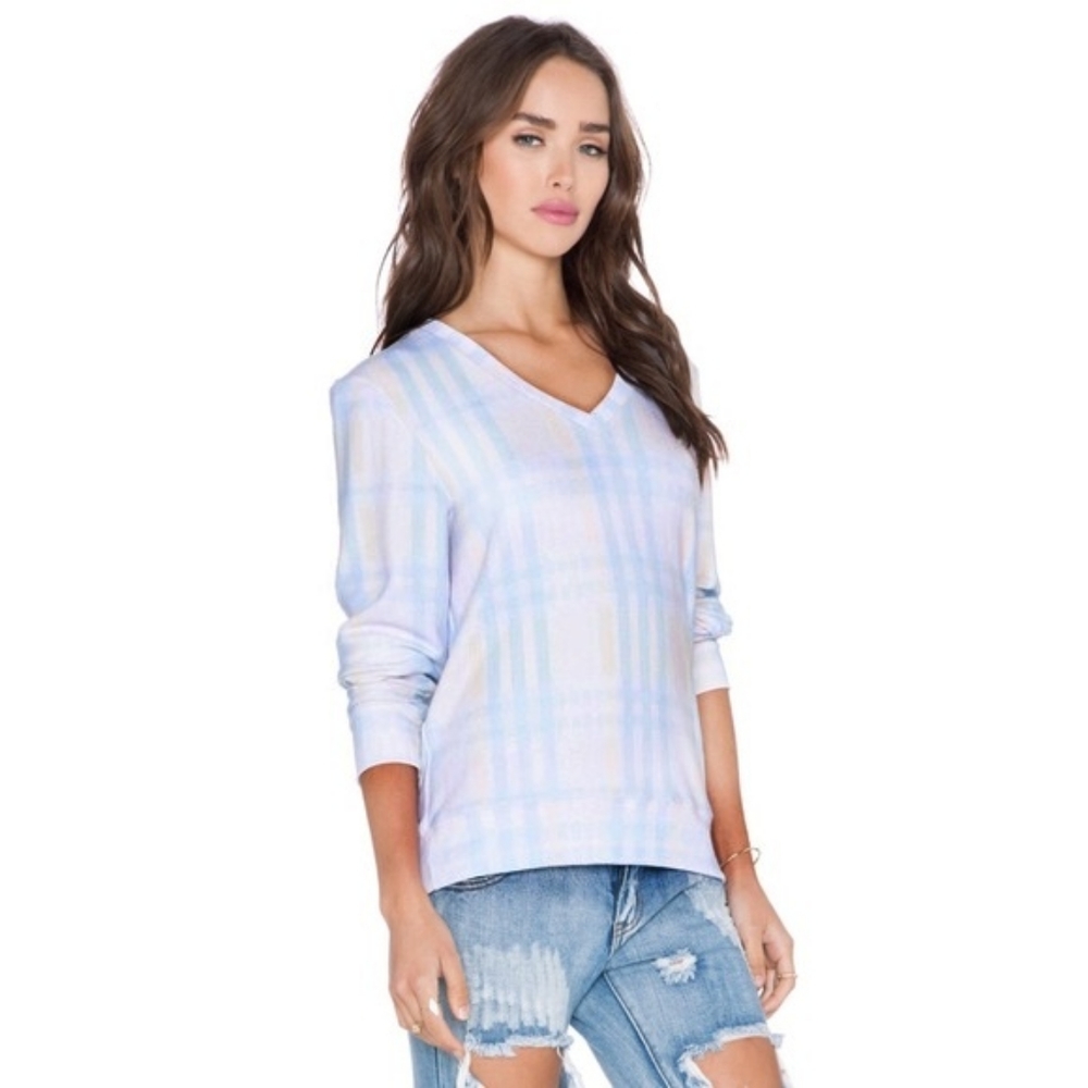 Wildfox Baggy Beach Jumper Plaid V-neck Sweater Top Size Medium Pastel